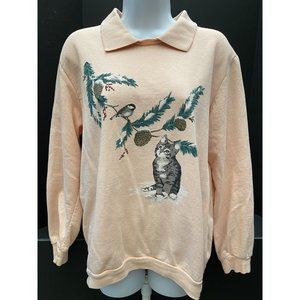 Vtg Grandma Collared Sweatshirt Womens Peach Winter Birds Cat, Kitten Large